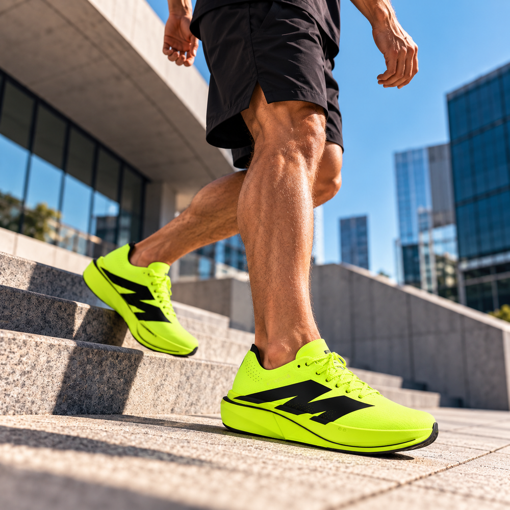 Man in neon AURORO shoes climbing city steps
