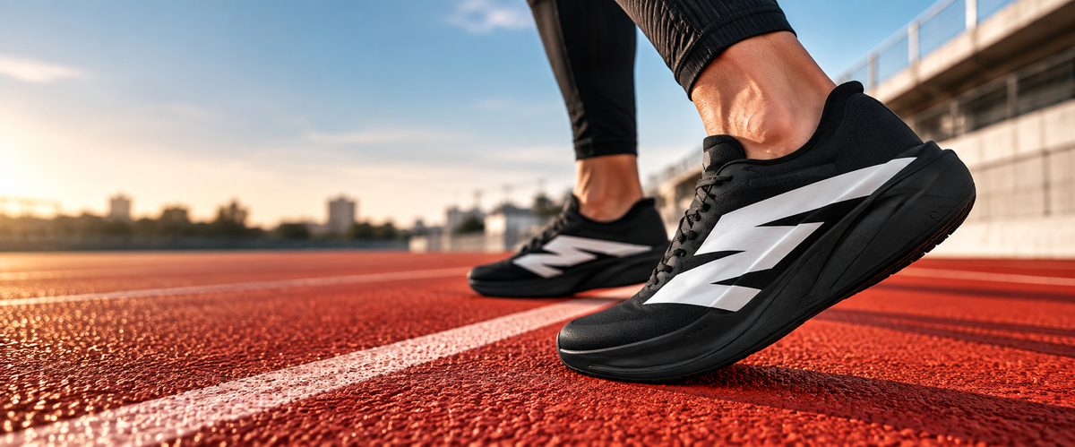 Black AURORO shoe on a red running track at sunrise