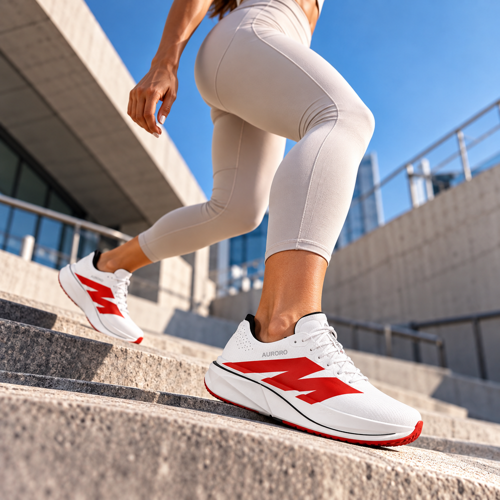 Woman in white and red AURORO shoes climbing city steps