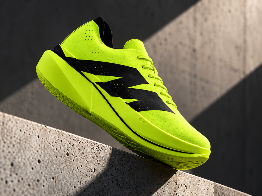 AURORO MOVE running shoe in Volt neon green resting on a concrete ledge in hard sunlight