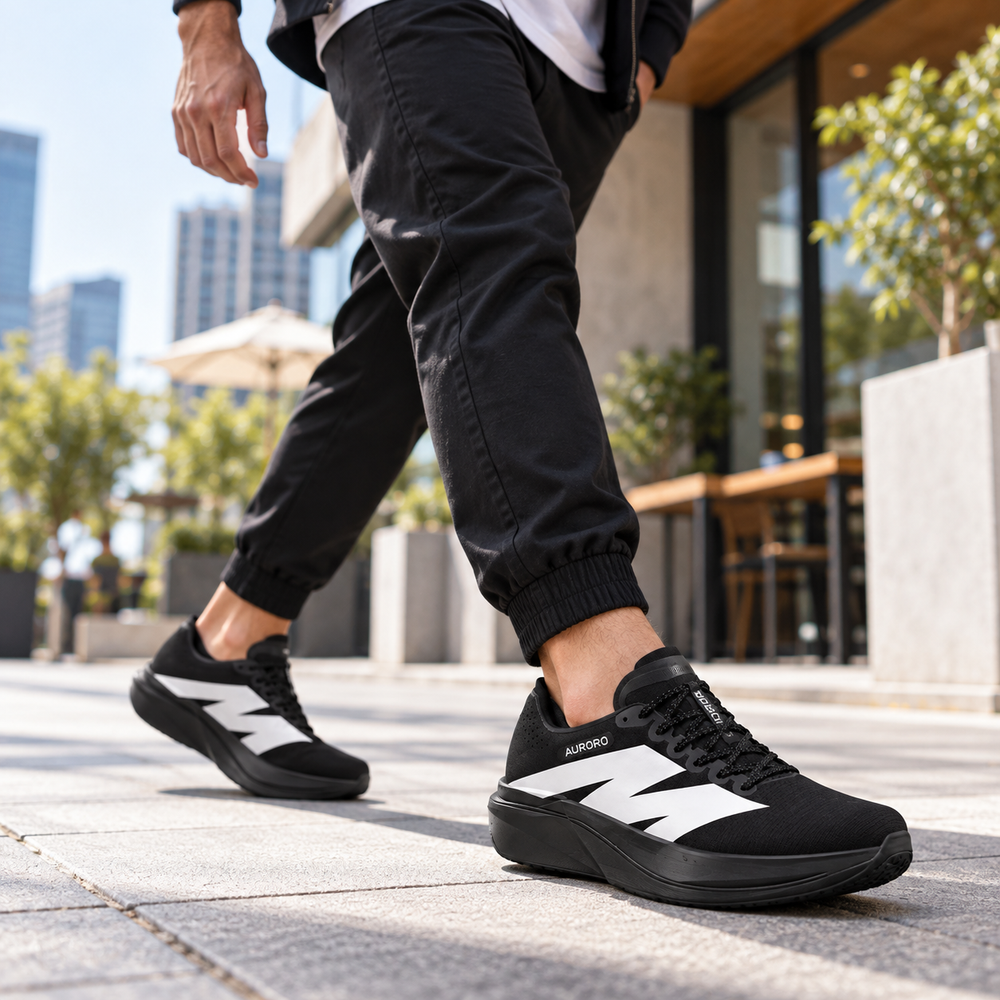 Person walking in black and white AURORO shoes in the city