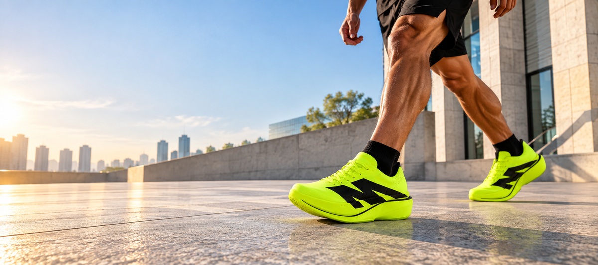 A man and a woman running through the city in AURORO shoes