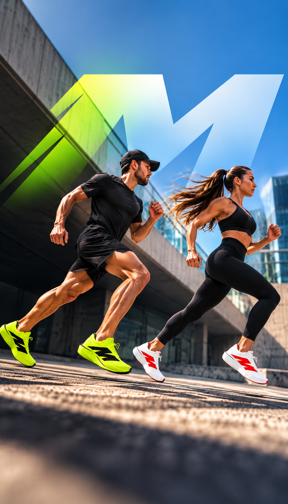A man and a woman running through the city in AURORO shoes