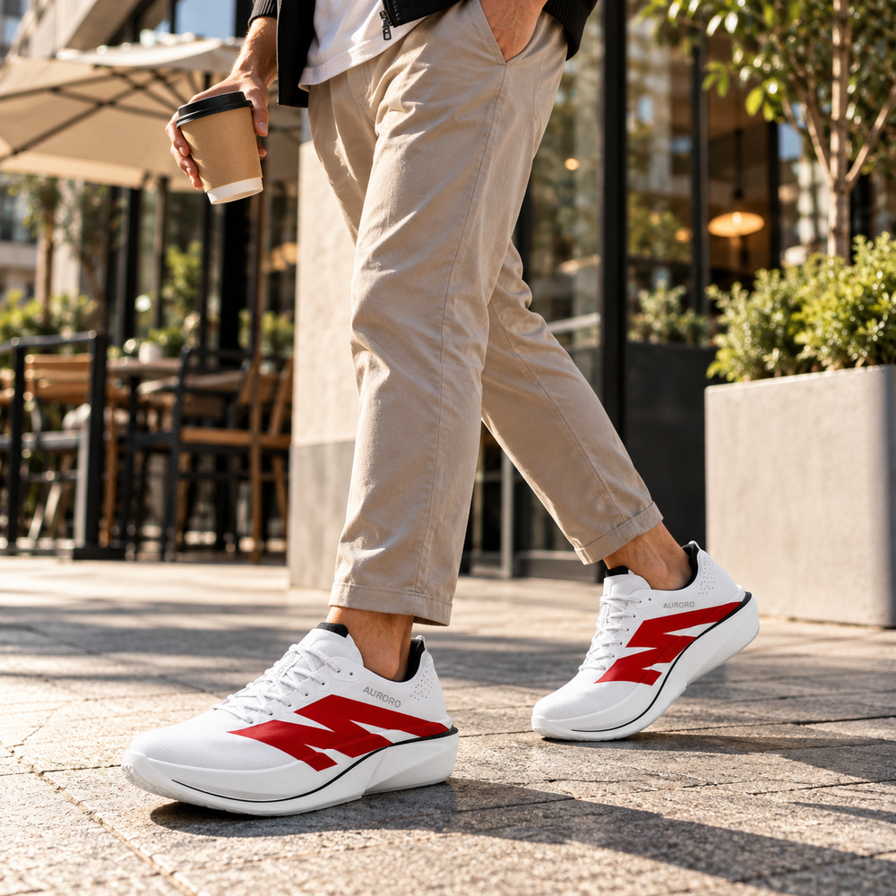 Person holding a coffee wearing white and red AURORO shoes at a cafe