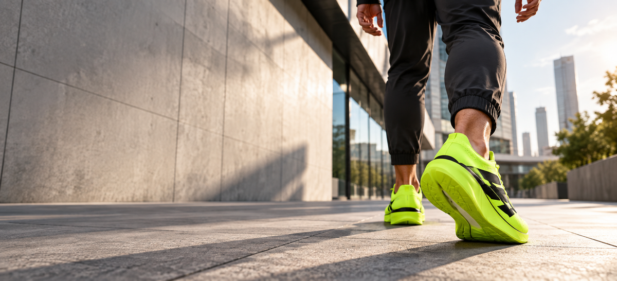 Man in neon AURORO shoes moving through the city