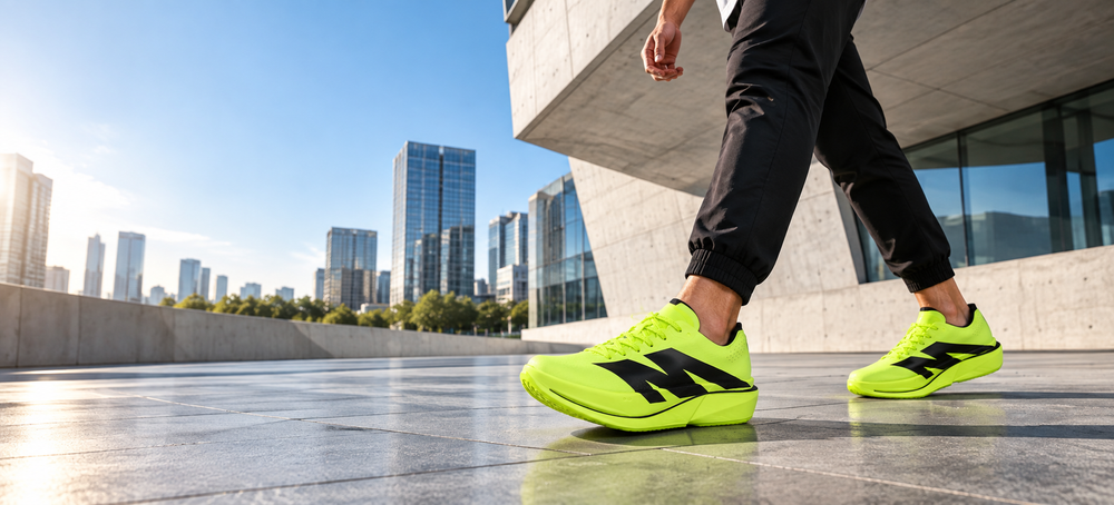 Man walking through the city in neon AURORO shoes