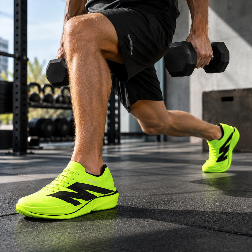Man training with a dumbbell in neon AURORO shoes