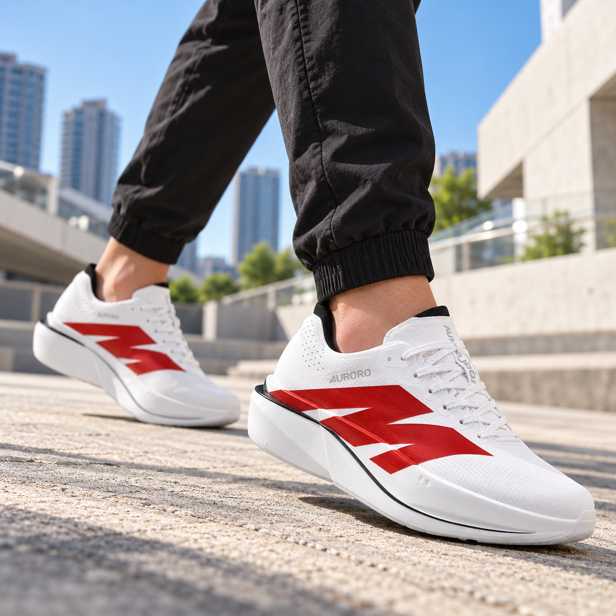 AURORO Pulse — White / Red, on-foot lifestyle